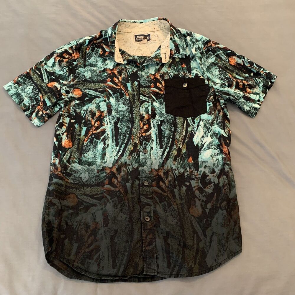 Modern Amusement Shirt Mens Medium Blue Black Abstract Button‎ Up Pocket Casual